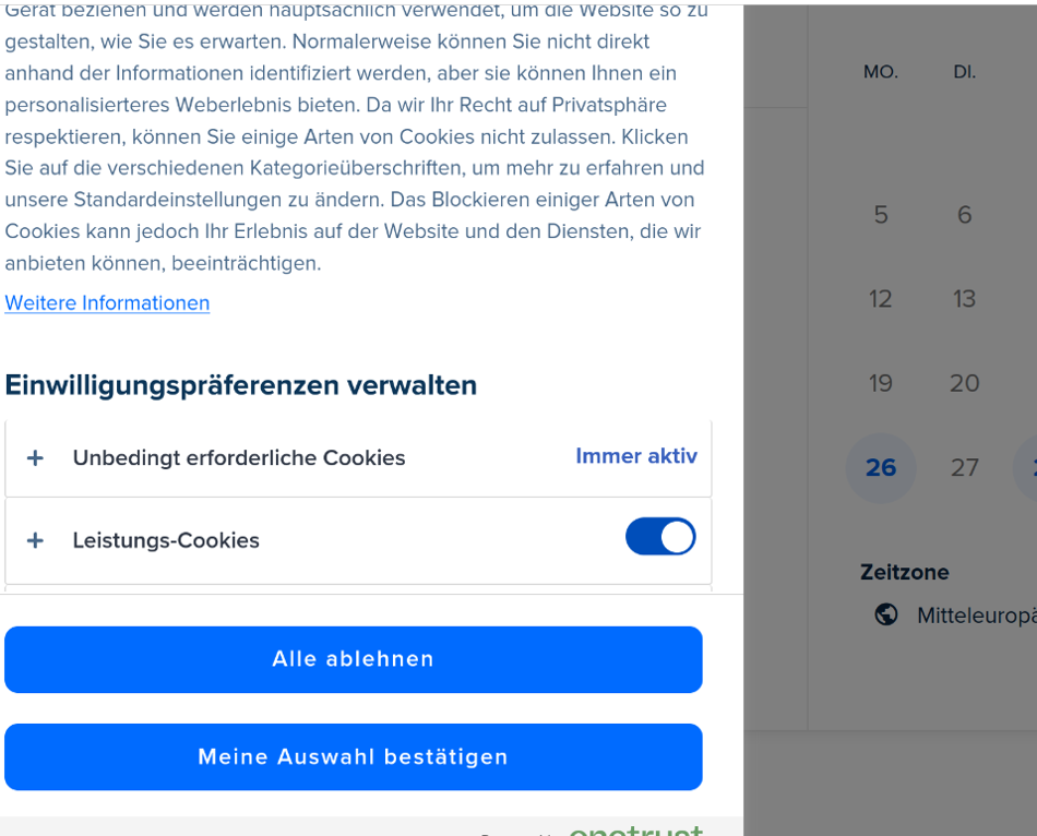 Zu sehen ist ein Screeshot des Cookie Consents eines bekannten Termin Vereinbarungs Webservices 