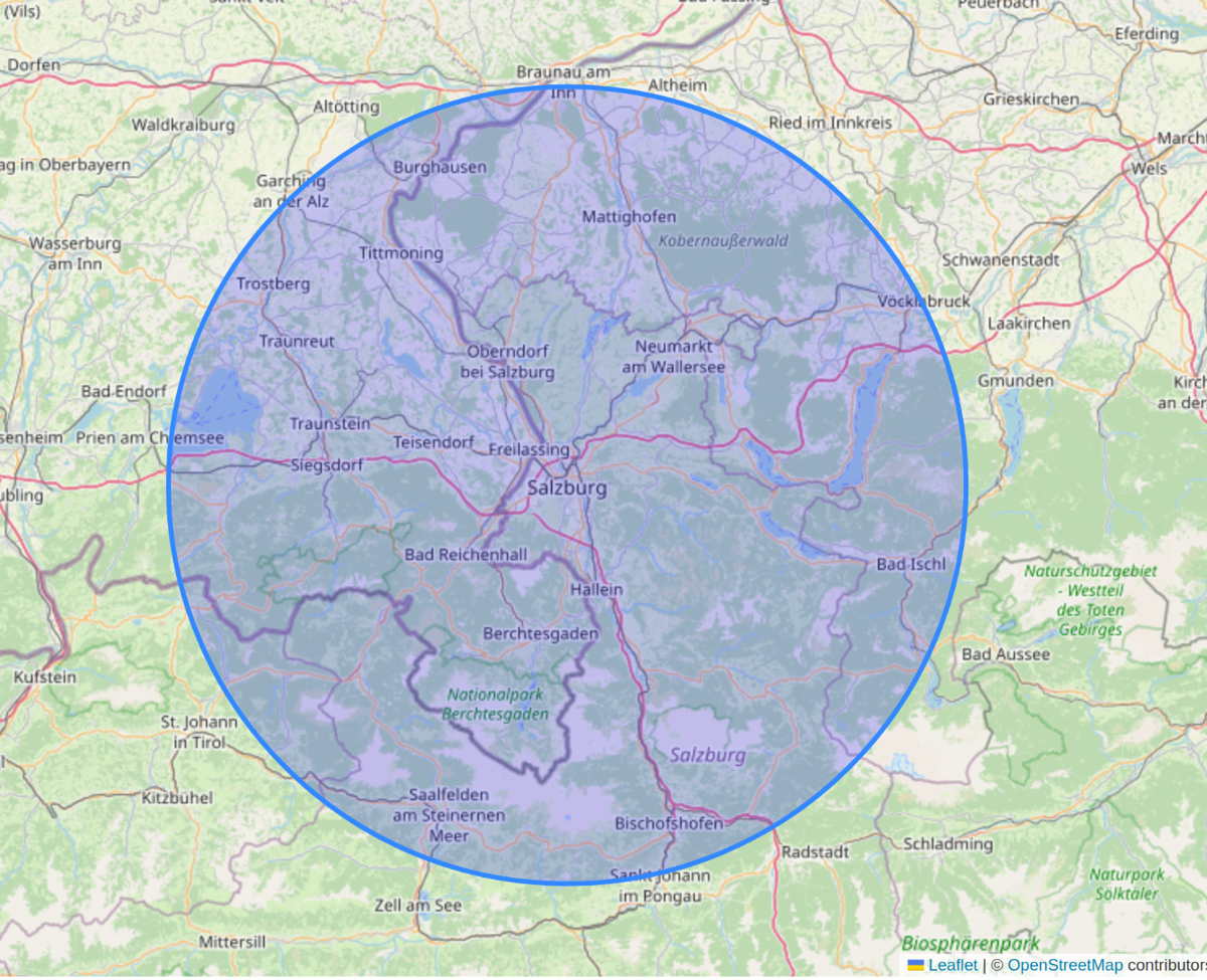 Karte mit Radius um Salzburg, der den Wirkungskreis dieser Online Jobbörse visualisiert